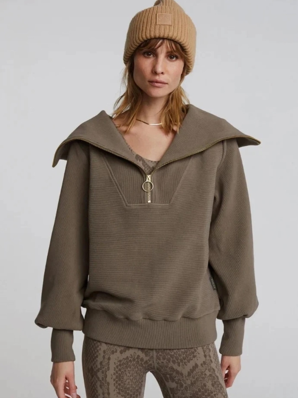 Varley Taupe Women's  Ribbed Sail-Collar Half-Zip Sweatshirt M
